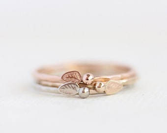 Gold leaf ring stacking set, rose gold, yellow gold, white gold, delicate, solid 14k gold, eco friendly, woodland, organic, nature