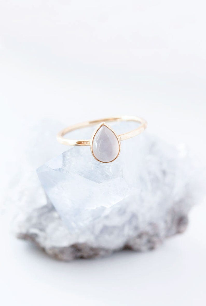 Teardrop Blue Chalcedony Gold Ring, solitaire ring, pastel blue, pear cut ring, blue gemstone ring, bezel set ring, stackable ring, cabochon image 2