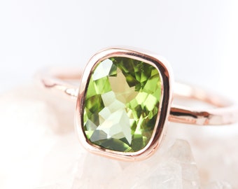 Peridot 14k rose gold ring, peridot engagement ring, colored engagement, august birthstone, alternative bride, green gemstone, mothers ring