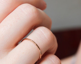 Thin rose gold band, solid 14k rose gold stacking ring, delicate gold band, thin gold band, stackable, hammered stack ring