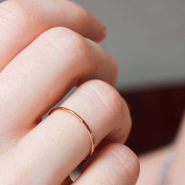 Thin rose gold band, solid 14k rose gold stacking ring, delicate gold band, thin gold band, stackable, hammered stack ring