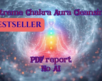 May include: A digital graphic featuring a central human silhouette with glowing, multi-colored chakra points. The text reads Extreme Chakra Aura Cleansing, BESTSELLER, PDF report, and No AI, set against a swirling, dark blue nebula background.