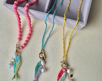 Fish Necklace with Freshwater Pearls, Handmade  Colorful Beadwork Charm Jewelry
