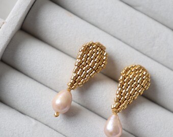 Golden Pearl Earrings Handmade Beaded Jewelry with Freshwater Pearls.