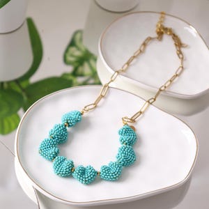 Beaded Hearts Necklace – Turquoise Hearts Handmade Jewelry with Gold Chain, Statement Necklace Gift for Her