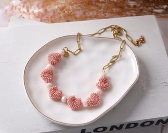 Romantic Beaded Heart Necklace Handmade Pink Beads Delicate Statement Jewelry