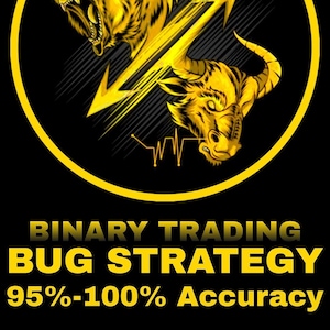 May include: A black and yellow graphic with the words "BINARY TRADING BUG STRATEGY 95%-100% Accuracy". The image features a yellow circle with a yellow illustration of a bull and a wolf.