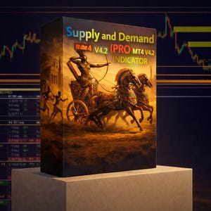 May include: A product box with the text "Supply and Demand" and "MT4 V4.2 (PRO MT4 V4.2 INDICATOR" features an illustration of a chariot pulled by horses. The background shows a financial chart.