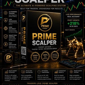 May include: A black box for the Prime Scalper trading system featuring gold text and logos. The box displays the product name, performance statistics, and a QR code. Surrounding elements include a branded mug, a pen, and a golden bull figurine.