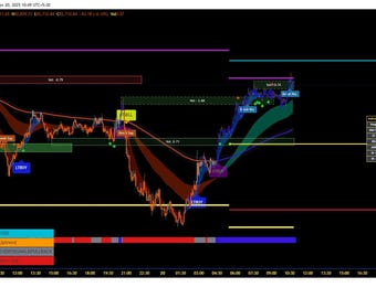 May include: A dark screen displays a financial chart with lines and indicators. The chart shows price fluctuations with colored lines and rectangles. Text includes "LTSell", "LTSell", and "LTSell" with values. The TradingView logo is in the bottom left.