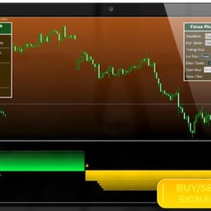 Puede incluir: Una pantalla de ordenador que muestra una interfaz de plataforma de negociación de divisas. La pantalla muestra datos de mercado en tiempo real con gráficos de líneas verdes y blancas. El texto incluye "Forex Pharaon" y "BUY/SELL SIGNALS". El fondo es oscuro.