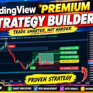 Peut inclure: Une interface numérique TradingView Premium Strategy Builder présentant un graphique financier sur fond sombre avec des chandeliers rouges et verts, un tableau de bord de trading, un tableau de bord de signaux et le texte "Trade Smarter, Not Harder."