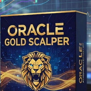 Peut inclure: Boîte de produit bleu marine avec l'inscription dorée "ORACLE GOLD SCALPER". La boîte présente une tête de lion dorée aux yeux bleus. Le fond présente un motif de circuit imprimé et des lignes ondulées dorées.