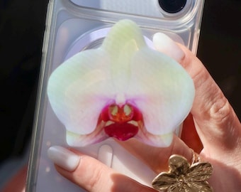 White Orchid MagSafe Phone Grip: Magnetic Floral Phone and Kindle Accessory