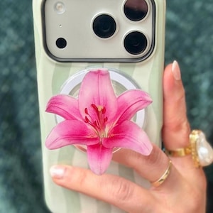Pink Lily Magsafe Phone Grip: Magnetic Floral Phone and Kindle Holder