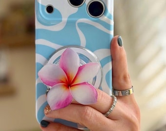 Pink Plumeria Flower Phone Grip: Magnetic Floral Phone and Kindle Holder