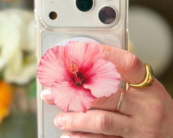 Pink Hibiscus Phone Grip: Magnetic Flower Phone and Kindle Holder