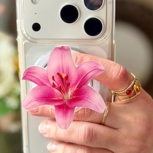 Lily Magsafe Phone Grip: Pink Magnetic Floral Phone and Kindle Holder