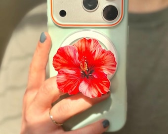 Red Hibiscus Magsafe Phone Grip: Magnetic Flower Phone and Kindle Holder