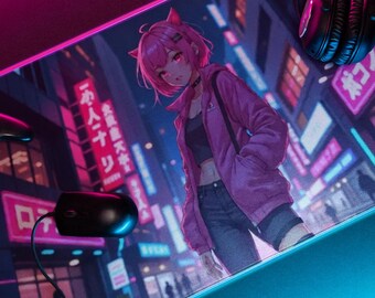 Pink Cyberpunk Anime Mouse Pad – Kawaii Neon Cat Girl Gaming Desk Mat