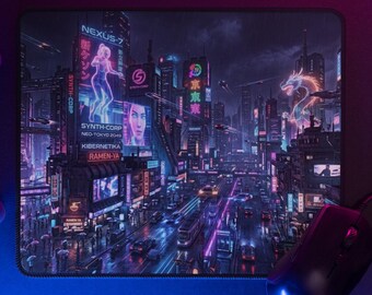 Synthwave Cyberpunk City Mouse Pad, Neon Futuristic Gaming Desk Mat