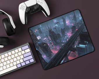 Cyberpunk Megacity Mouse Pad – Futuristic Neon City Gaming Desk Mat