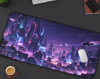 Cyberpunk Neon City Mouse Pad – Futuristic Skyline Gaming Desk Mat, Sci-Fi Desk Setup