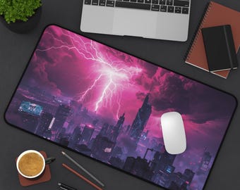 Cyberpunk Cityscape Desk Mat: Neon Lightning Storm Workspace Accessory