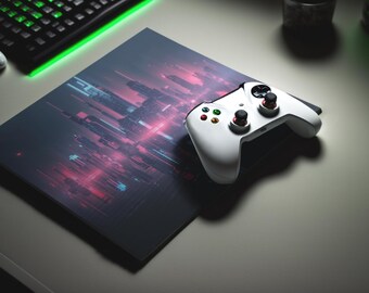 Cyberpunk Neon City Mousepad, Futuristic Gaming Desk Mat, Vaporwave Skyline RGB Pad