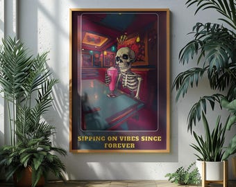 Whimsical Skeleton Diner Print | Retro Neon Home Decor (Digital Download)