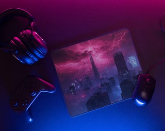 Cyberpunk Glitch Mouse Pad – Neon City Tech Desk Mat, Futuristic Gaming Keyboard Pad