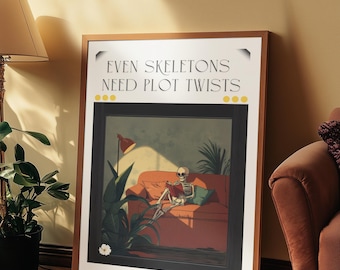 Skeleton Reading Print | Cozy Vintage Home Decor (Digital Download)