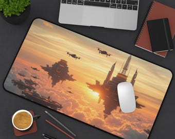 Futuristic Floating City Mousepad, Sci-Fi Sky City Desk Mat, Space Aesthetic Gaming, Drone City Artwork,  Anti-slip
