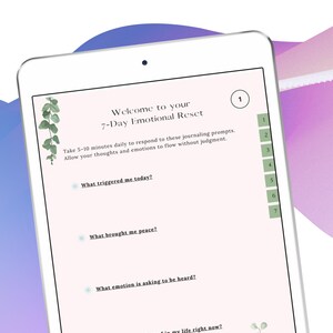 May include: A white tablet displays the text "Emotional Reset kit" and "Welcome to your 7-Day Emotional Reset." The screen shows journaling prompts with floral accents. The prompts include questions about emotions and daily reflections.