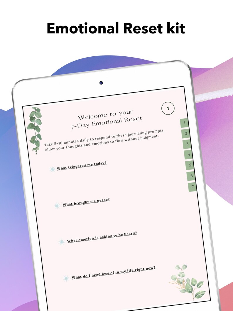 May include: A white tablet displays the text "Emotional Reset kit" and "Welcome to your 7-Day Emotional Reset." The screen shows journaling prompts with floral accents. The prompts include questions about emotions and daily reflections.