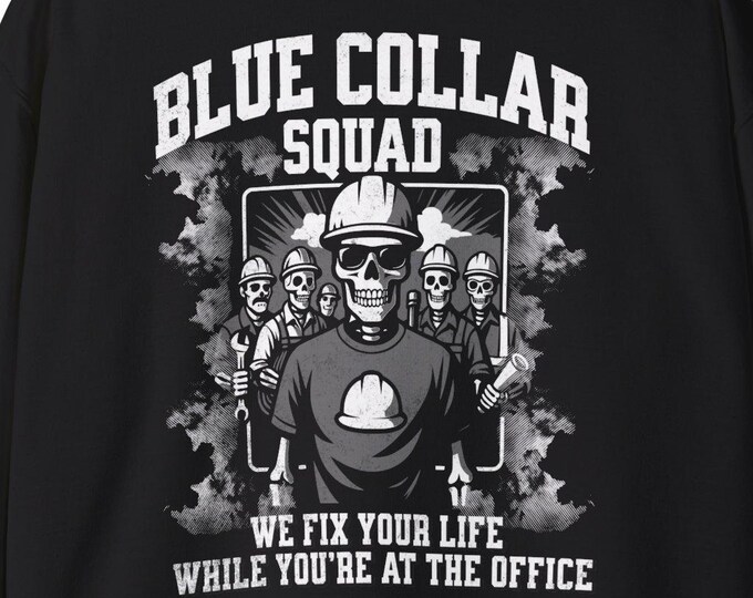 Blue Collar Squad Skeleton Crewneck, Funny Tradesmen Workwear Tee