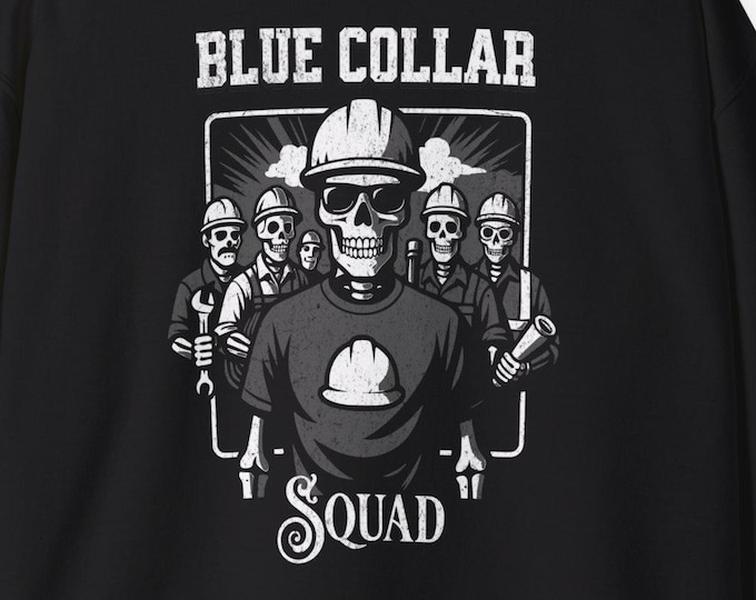 Blue Collar Squad skull worker crewneck sweatshirt | construction firefighter mechanic
