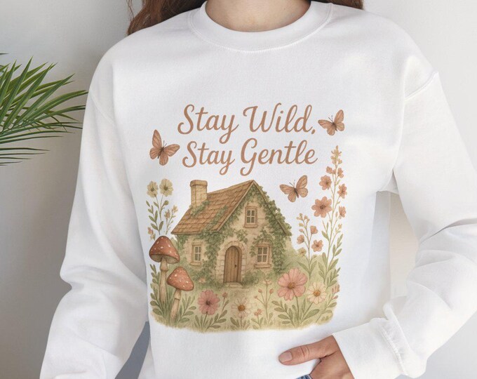 Stay Wild Stay Gentle Cottagecore T-Shirt  Whimsical Cottage Mushrooms & Butterfly Graphic Tee