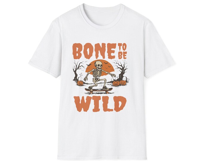 Bone to Be Wild: Retro Halloween Skeleton Skateboard Graphic Tee