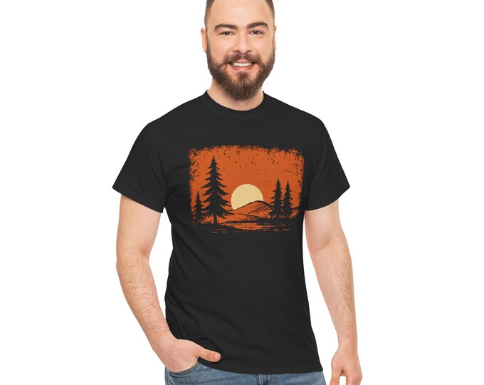 Sunset Mountain Scene Cotton Tee: Nature Lover's Unisex T-Shirt