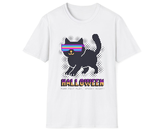 Purr-fect Halloween Pixel Cat Tee 8-Bit Retro Sunglasses Cat Shirt