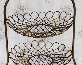 Vintage Double Tier or Two Tier Copper Plated Metal Stand Plate Cake Fruit Multi Function Decor Rustic Wear cc 1970s