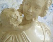 Mother Child European Ivory Toned Antique Bust Artist Signed