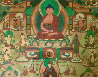 Original Asian Thangka Painting of Seated Sakyamuni Thirty Five Buddhas of Confession Gouache on Fabric 19th or 20th century