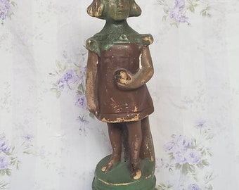Antique Green and Brown Chalkware French Statue Figurine of a Young Parisien Girl Curiosities One of a Kind Vintage Treasure