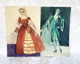 Vintage Watercolor Painting Drawing of French Women Parisiens in Period Costumes Mid-century Gouache Paris France Original on Paper
