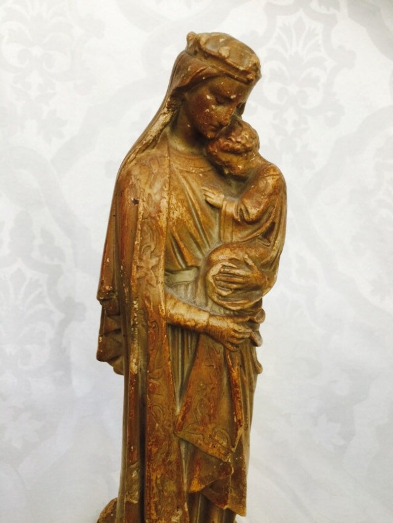 Antique Ancient Madonna and Child Sedes Sapientiae Mary Statue image 0