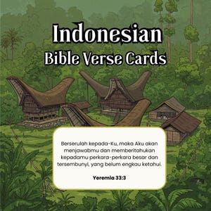 Pode incluir: Ilustração de cartões de versículos bíblicos indonésios com casas tradicionais em um exuberante fundo de floresta verde. O texto "Indonesian Bible Verse Cards" está no topo. Um versículo bíblico em indonésio é exibido abaixo.