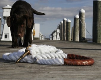 Marine Grade Rope Dog Leash - Nautical Dog Leash - Handmade in Rhode Island - Fair Leads "Classic" (White)