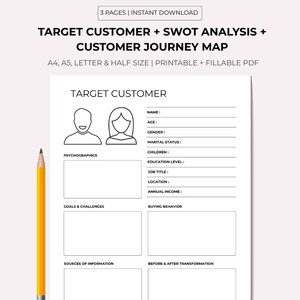 Puede incluir: Documento PDF imprimible con el texto "TARGET CUSTOMER + SWOT ANALYSIS + CUSTOMER JOURNEY MAP". Incluye secciones rellenables para detalles del cliente y comportamiento de compra. Un lápiz amarillo es visible.
